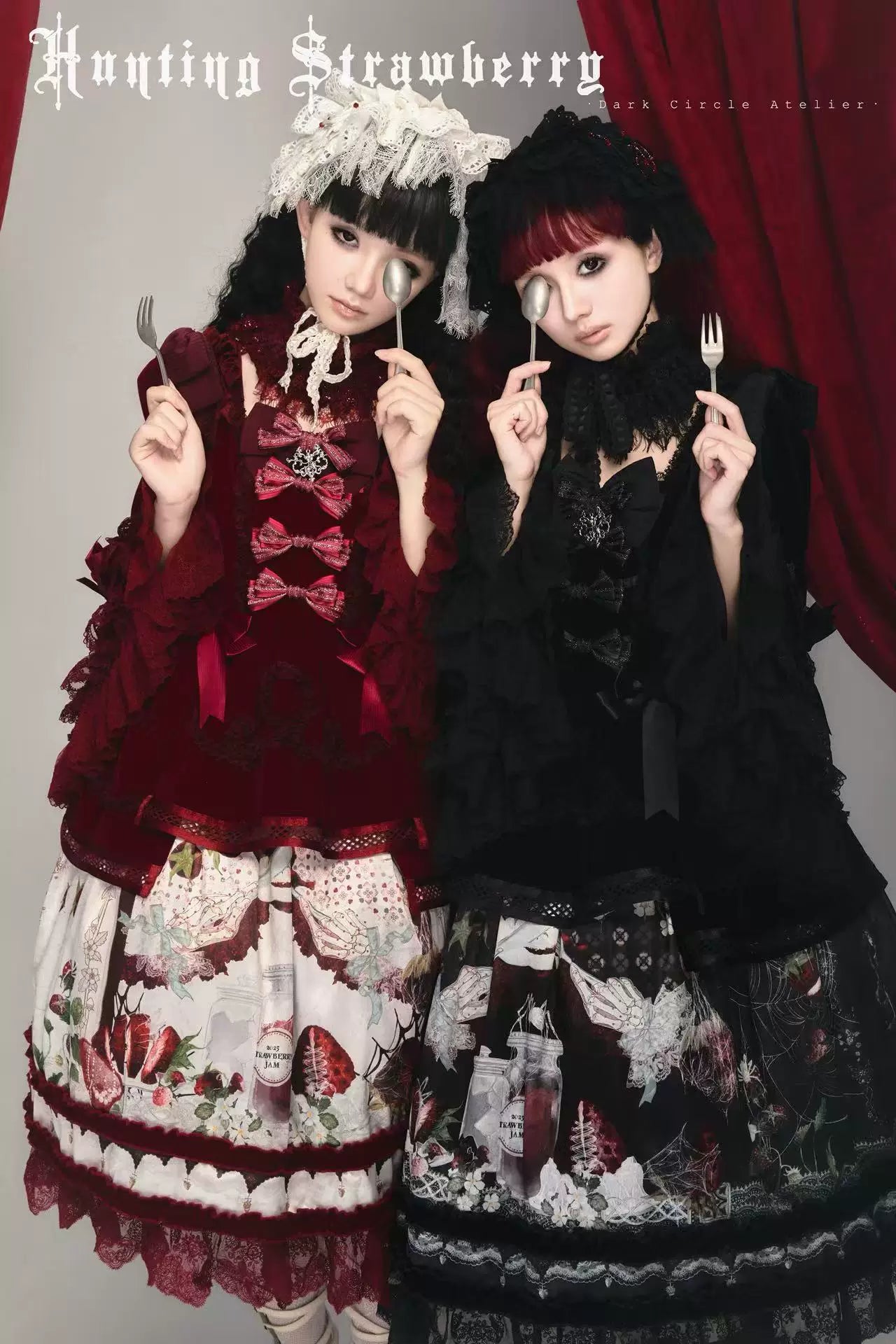 Monster Strawberry Hunt - Gothic Lolita Strawberry Printed Velvet Dress Set 45737:859871