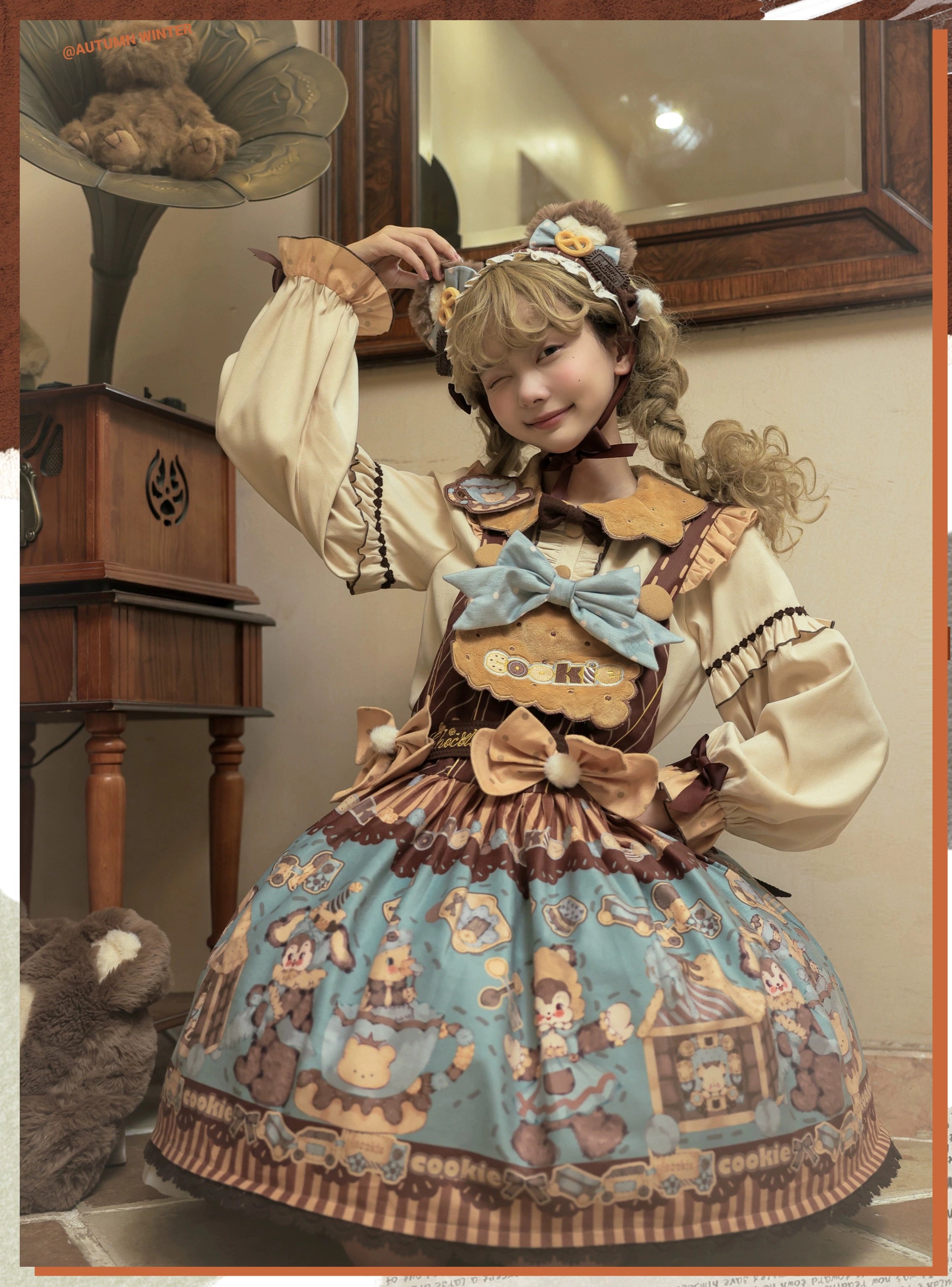 Star Fantasy - Bear Cookies - Kawaii Bear Printed Vintage Lolita Dress 43817:786436