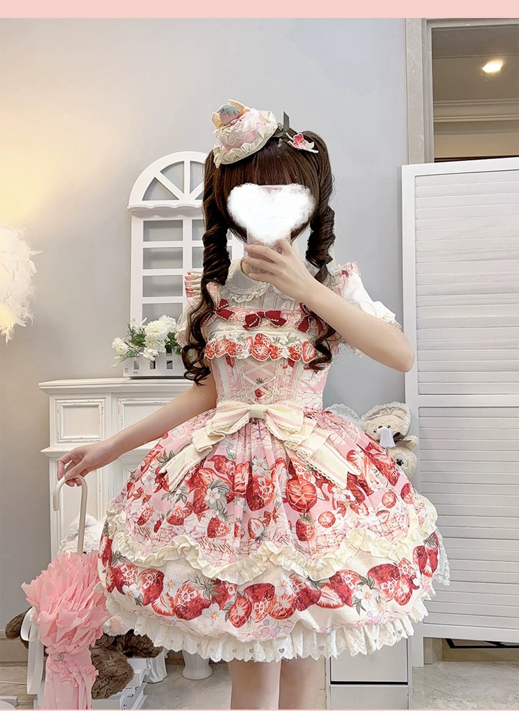 Strawberry Fantasia~Sweet Lolita OP Dress Set Puffy Skirt Long JSK and Shirt