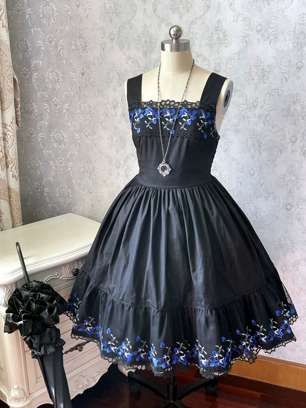 Alice of the Night - Gothic Lolita JSK Cotton Dress, Embroidery & Blue Florals