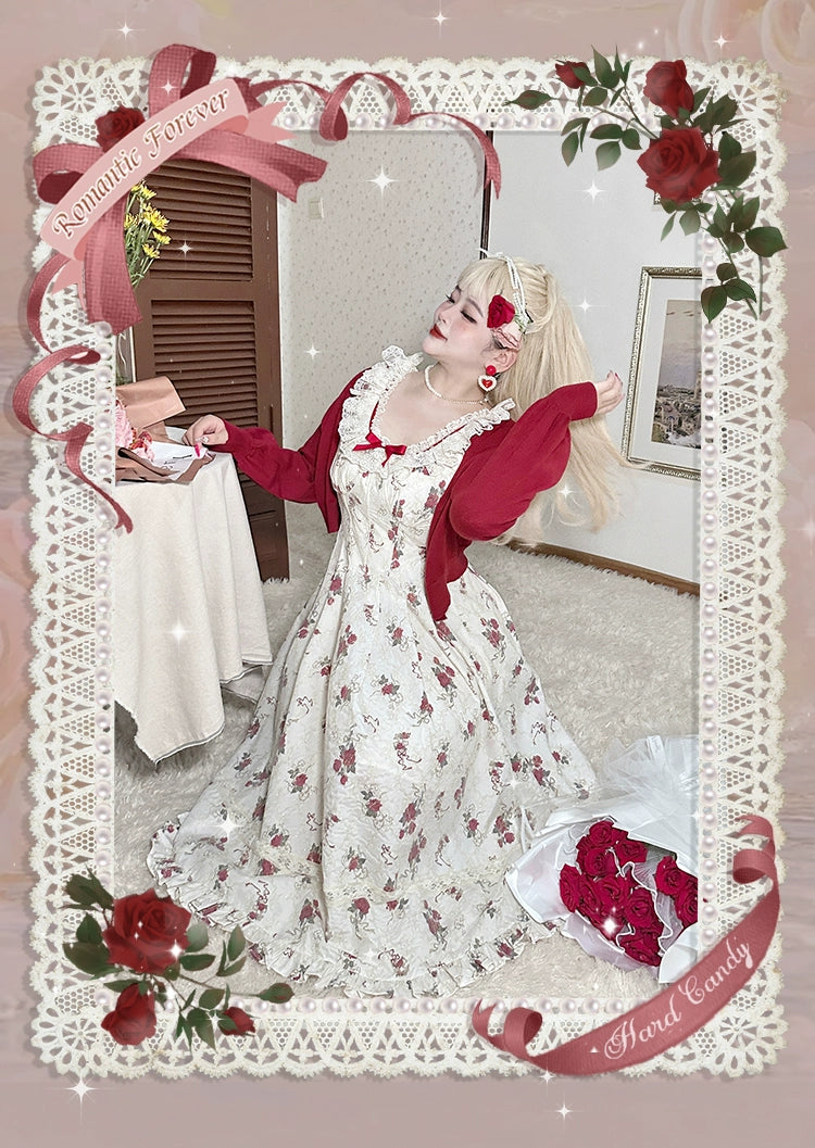 Yingtang~Plus Size Lolita Cardigan Set Elegant French Rose Print Dress 31448:375782