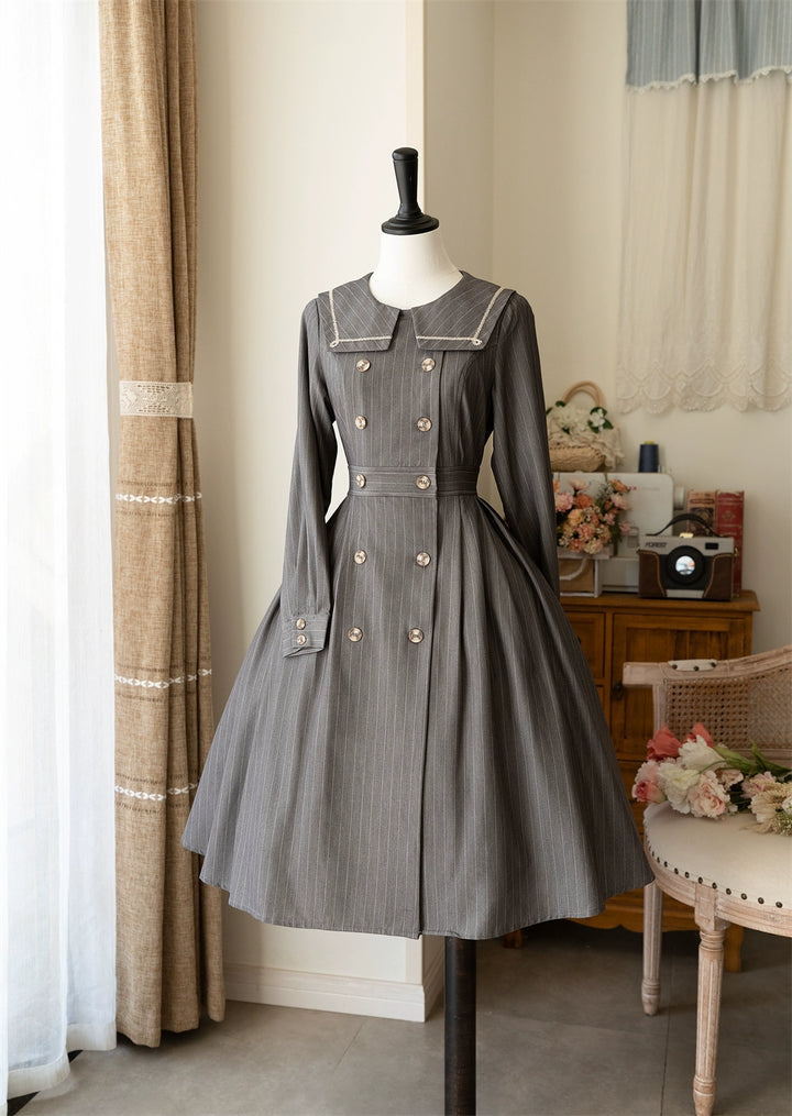 Forest Wardrobe~Classic Lolita OP Autumn Lolita Antique Dress With Stripe S Gray 