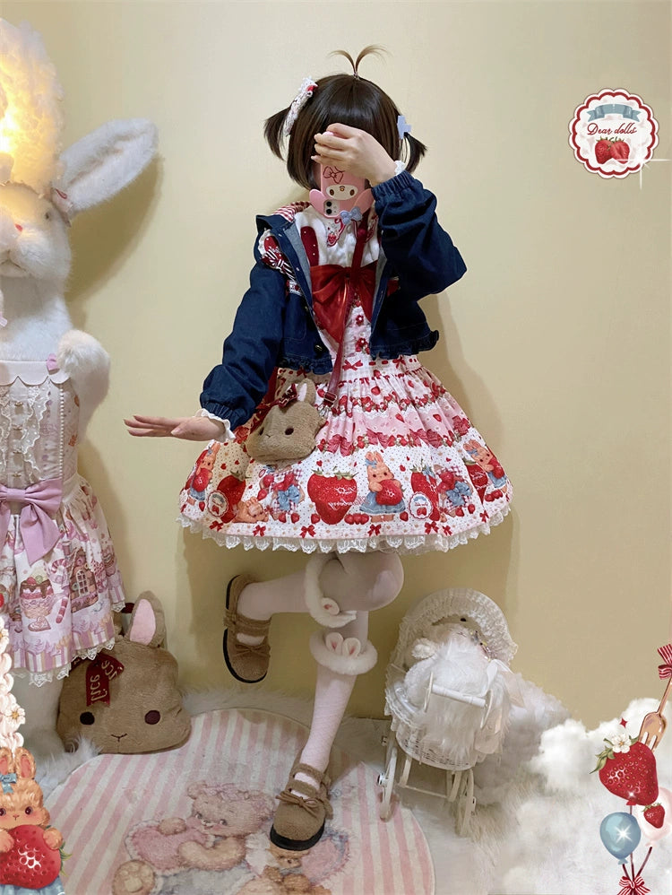 To Alice~Spring Strawberry Bunny~Kawaii Lolita Salopette Dress Hooded Coat and Blouse