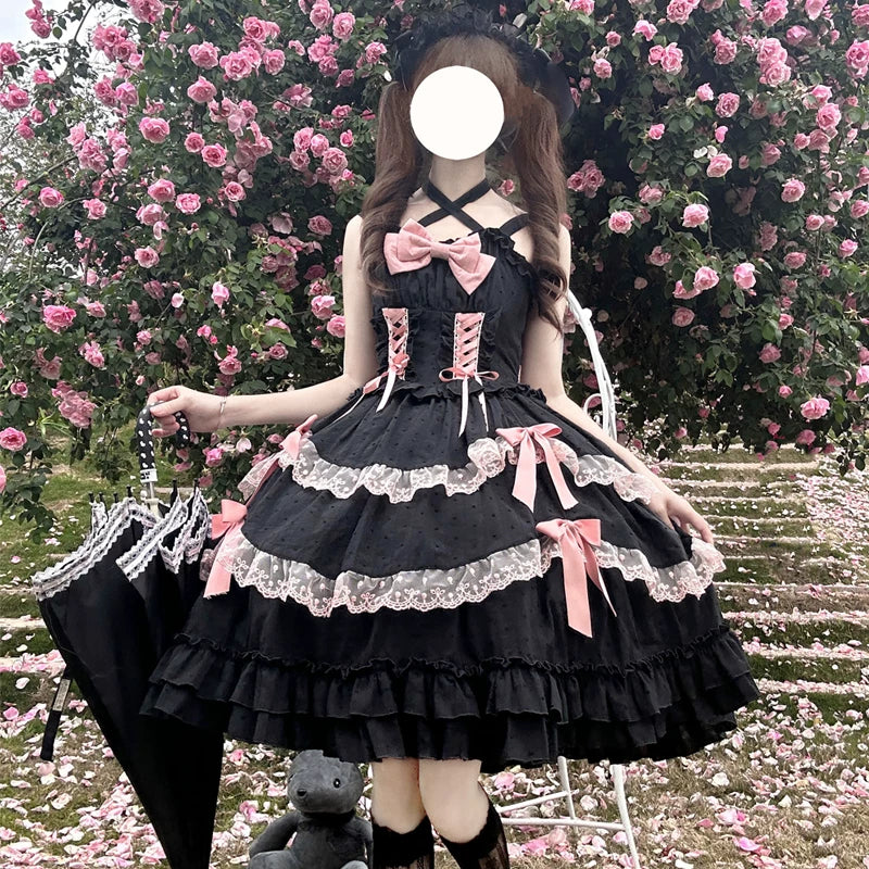 Miss Pearl - Halter Neck Sweet Lolita JSK Dress, Tiered Skirt Black JSK Only (without back trailing bow) S