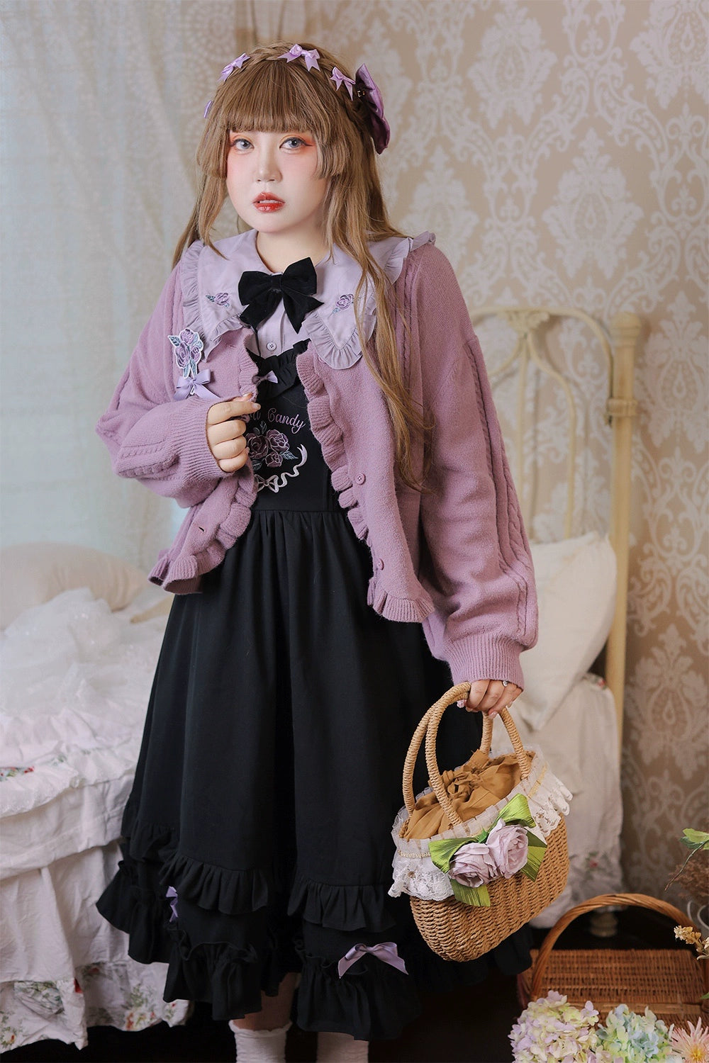 Yingtang~French Rose~Plus Size Lolita Dress Winter Lolita Sweater Set XL purple cardigan 