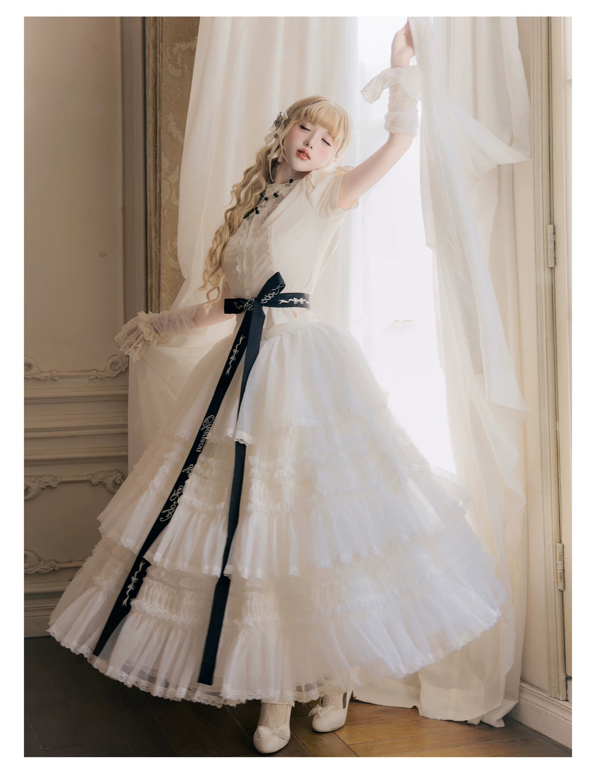 Glass Floral Garden - Classic Lolita Blouse and SK Set, Butterfly Embroidered 45978:870260