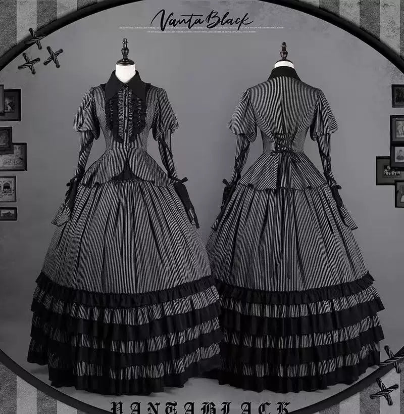 Striped Wednesday - Gothic Lolita Striped Blouse Set, Ruffled Corset 45176:838925