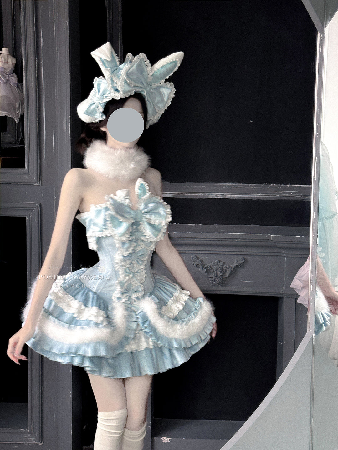 POSHEPOSE~Chuling Swan Lake~Sweet Lolita JSK Set Velvet Blue Dress for Prom
