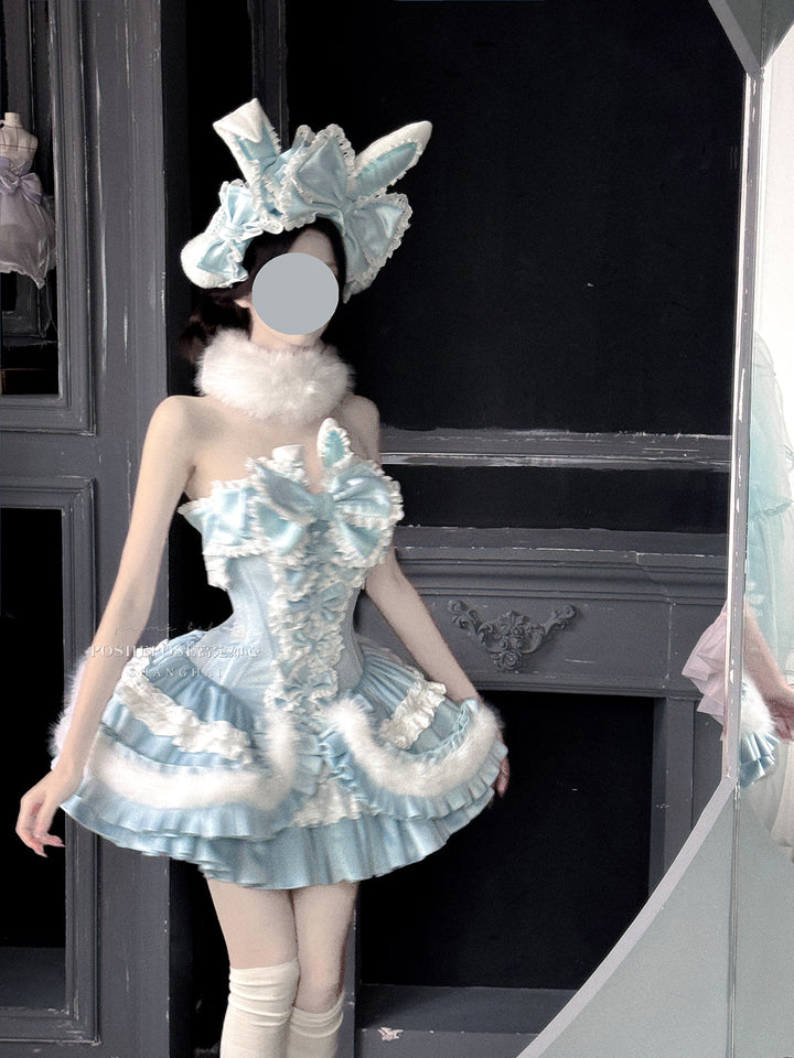 POSHEPOSE~Chuling Swan Lake~Sweet Lolita JSK Set Velvet Blue Dress for Prom