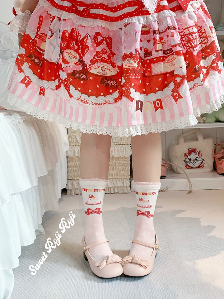 Roji Roji~Sweet Lolita Socks Cake Pattern Winter Socks Pink Socks Only Free Size