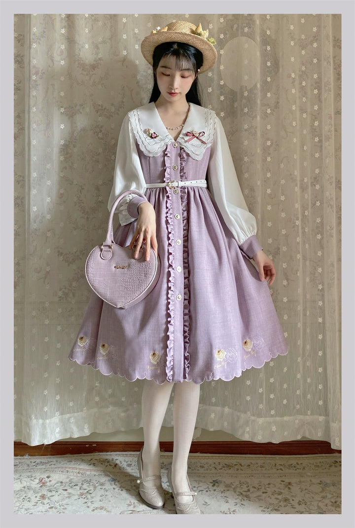 EESSILY~Window Rose~Classic Lolita OP Front Buttoned Embroidery Lolita Dress