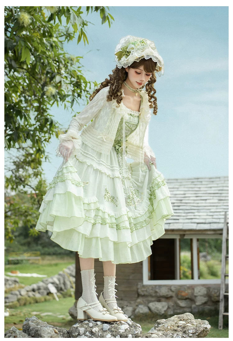 Green Grape - Embroidered Country Lolita OP Dress, Tiered JSK