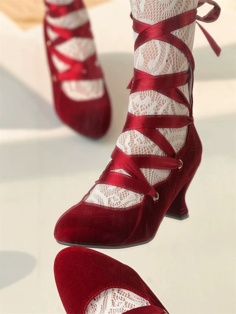 MR.Qiutian - Forbidden Dance - Elegant Lolita Velvet Shoes, Adjustable Lace-Up Straps
