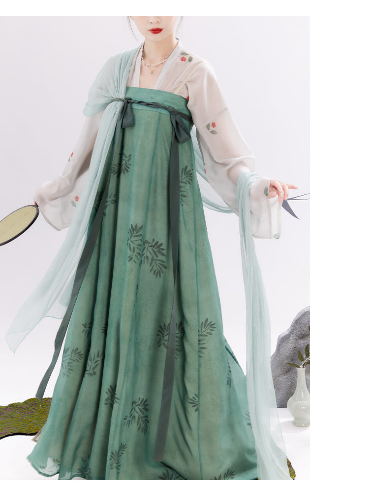 Chixia~Chinese Symbol. Spring Outing~Han Lolita Green Chest Length Skirt S cardigan+chest length skirt+shoudler belt 
