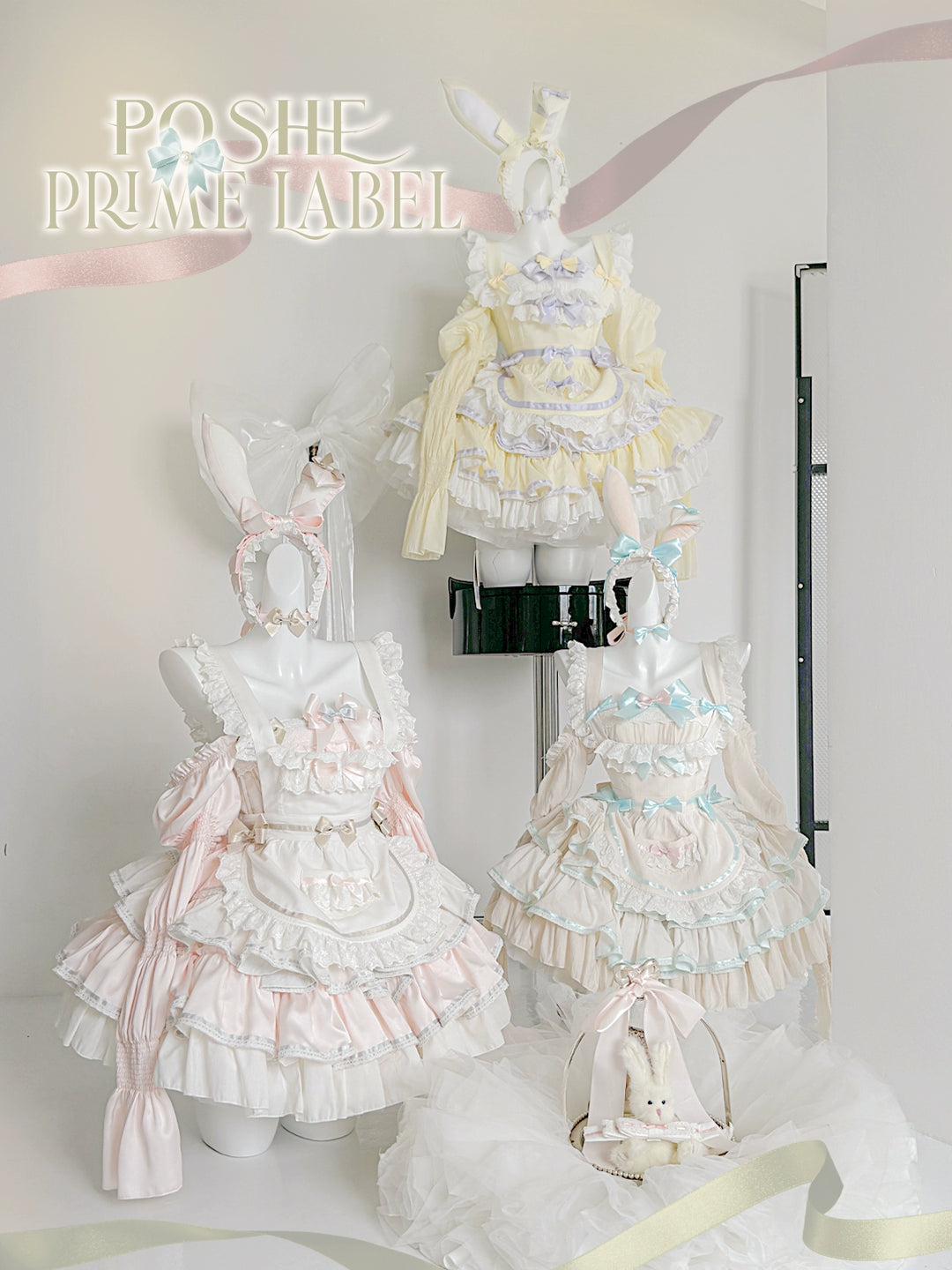 POSHEPOSE~Maid Bunny~Gorgeous Sweet Lolita OP Dress with Detachable Sleeves and Apron