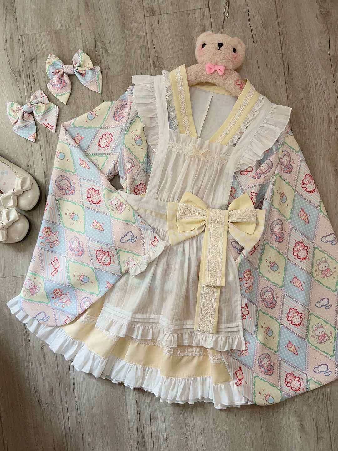 Sugar Girl~Showa Sweetness~Maid Wa Lolita Skirt Set Cute Summer Lolita Bow Apron S Yellow skirt + top + apron + waist bow 