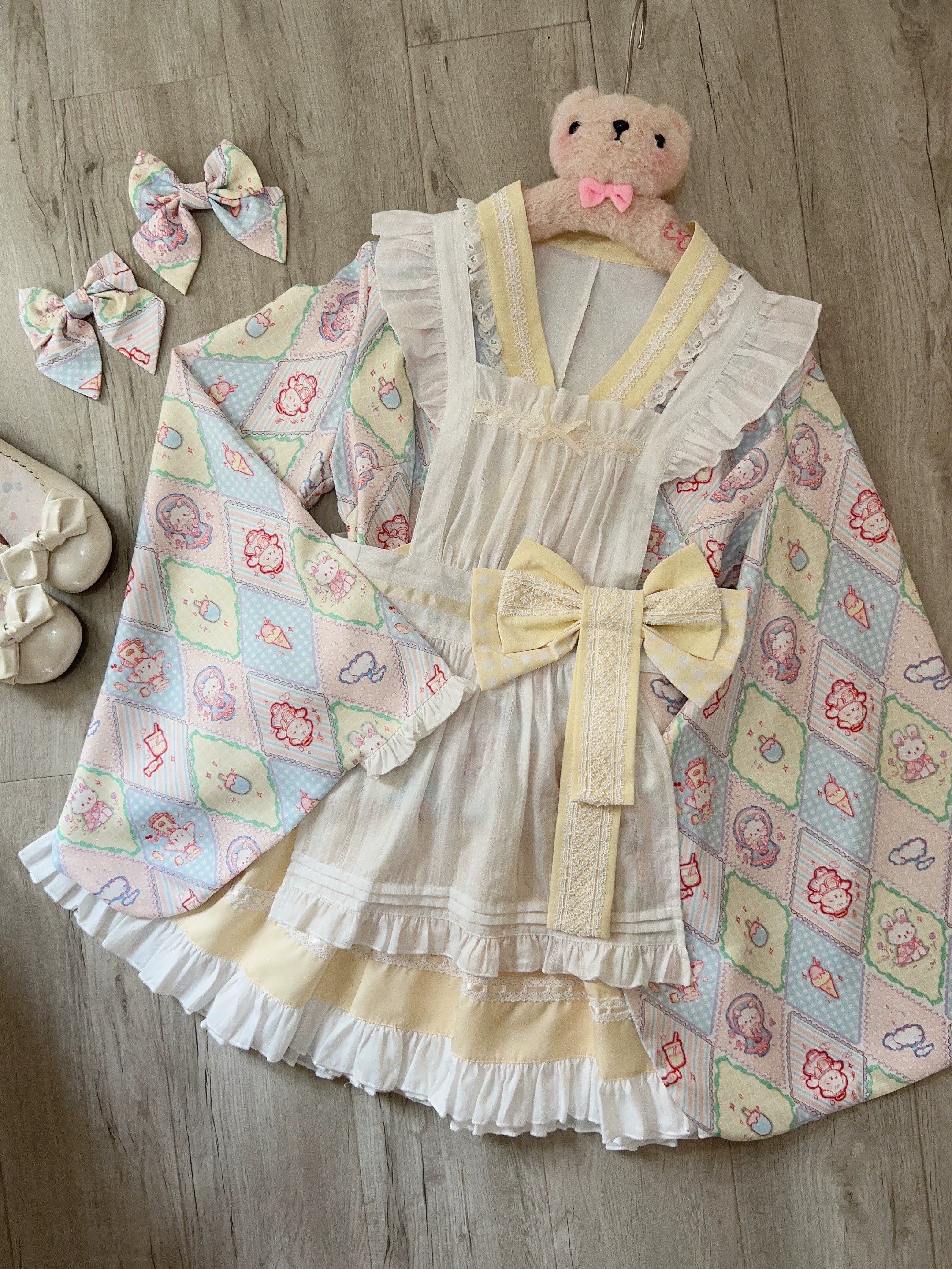 Sugar Girl - Showa Sweetness - Maid Wa Lolita Skirt Set Cute Summer Lolita Bow Apron S Yellow skirt + top + apron + waist bow
