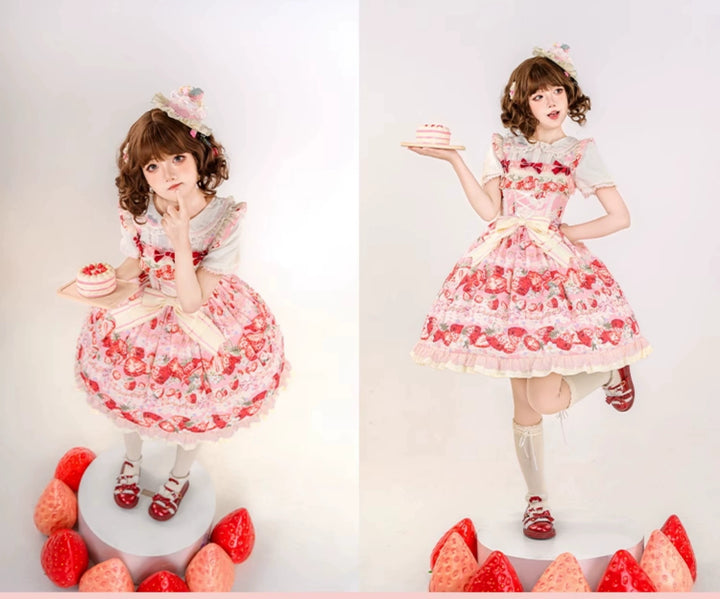 Strawberry Fantasia~Sweet Lolita OP Dress Set Puffy Skirt Long JSK and Shirt