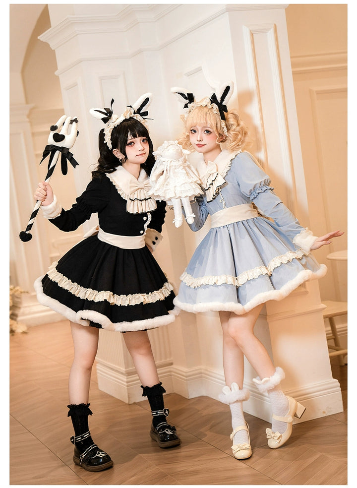 With PUJI~Rabbit&Alice~Sweet Twin Lolita OP Dress Doll Apron Dress Set