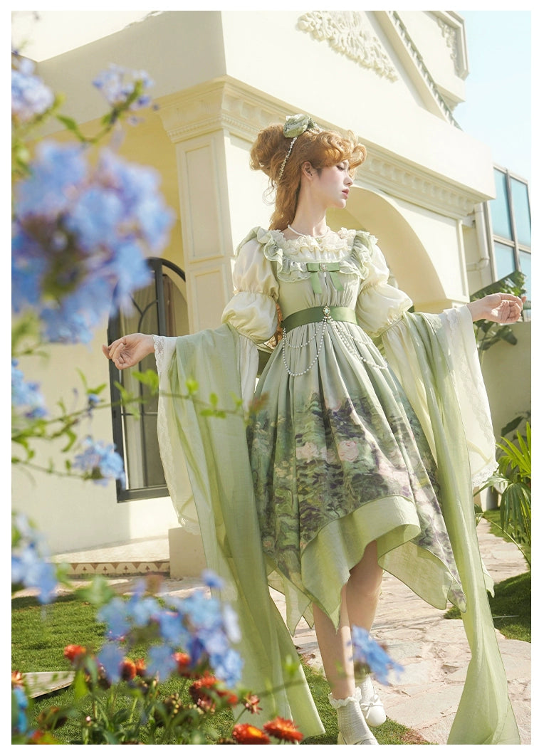 With PUJI~Blooming Rose~Chiffon Classic Lolita Dress Set Painting Styled OP & JSK