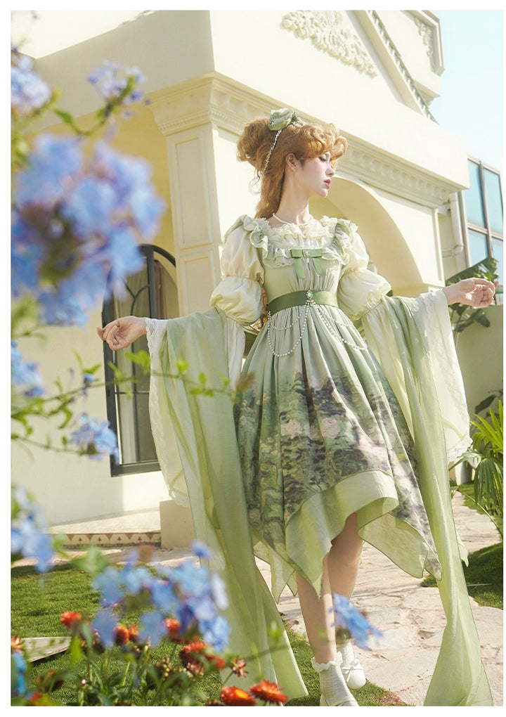 With PUJI~Blooming Rose~Chiffon Classic Lolita Dress Set Painting Styled OP & JSK