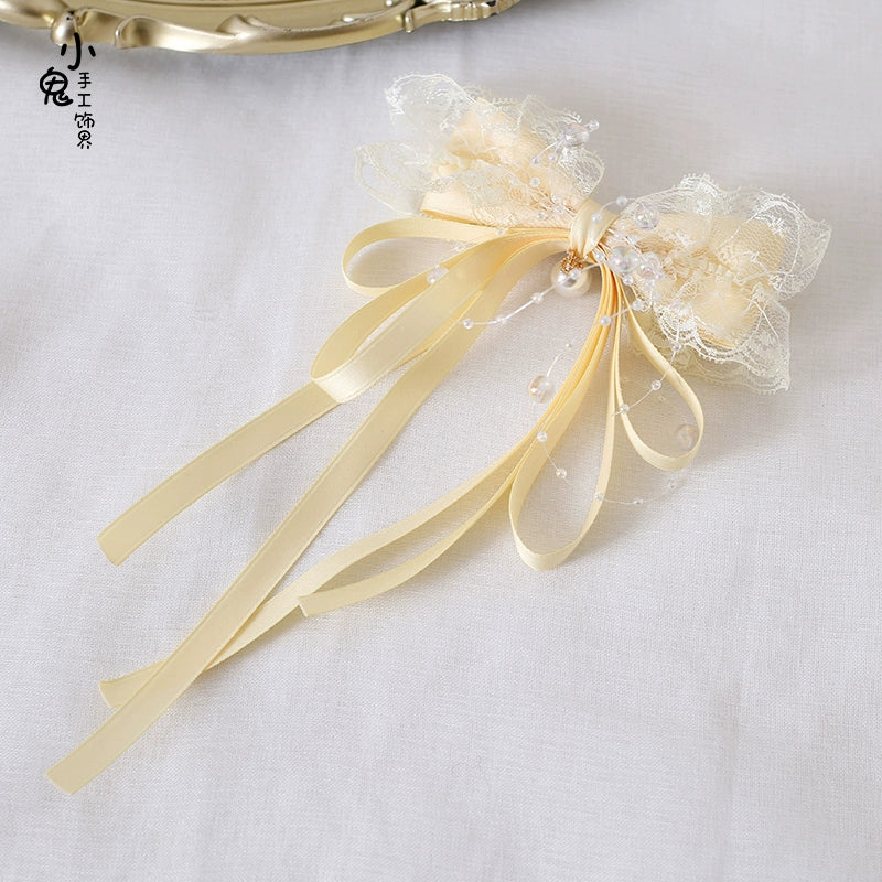 Xiaogui~Cinnamon Milk Yellow~Elegant Lolita Hair Accessory KC Headband Bow Hat Clip Lace Iridescent Bead Hair Clip  