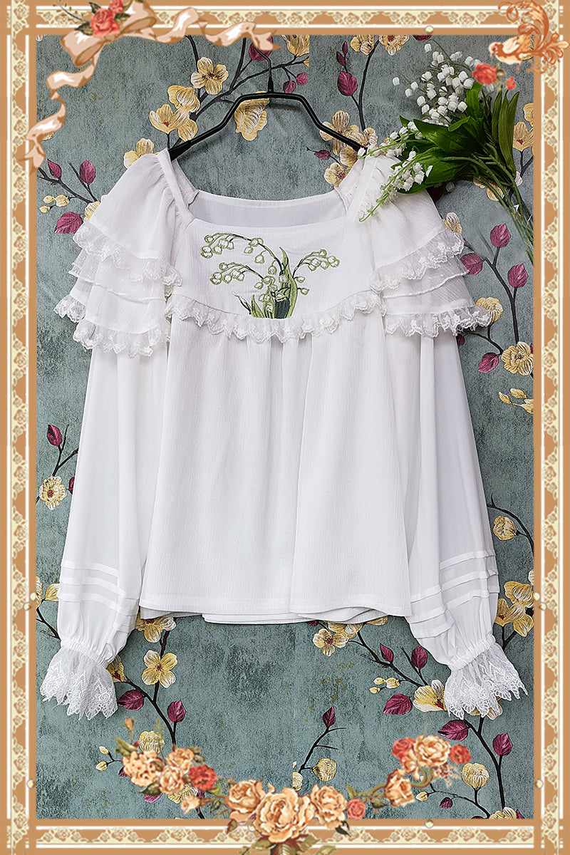 Infanta~Elegant Lolita JSK Dress Tiered Rabbit Prints Middle Split Dress S Lily Embroidered Doll Shirt - Free size 
