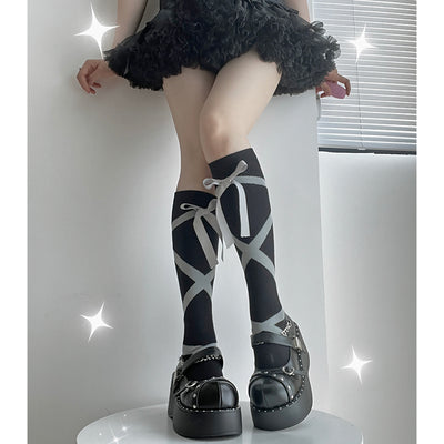 Roji roji~Uniform Cotton Lolita Autumn Calf Socks free size silver strap on black background 