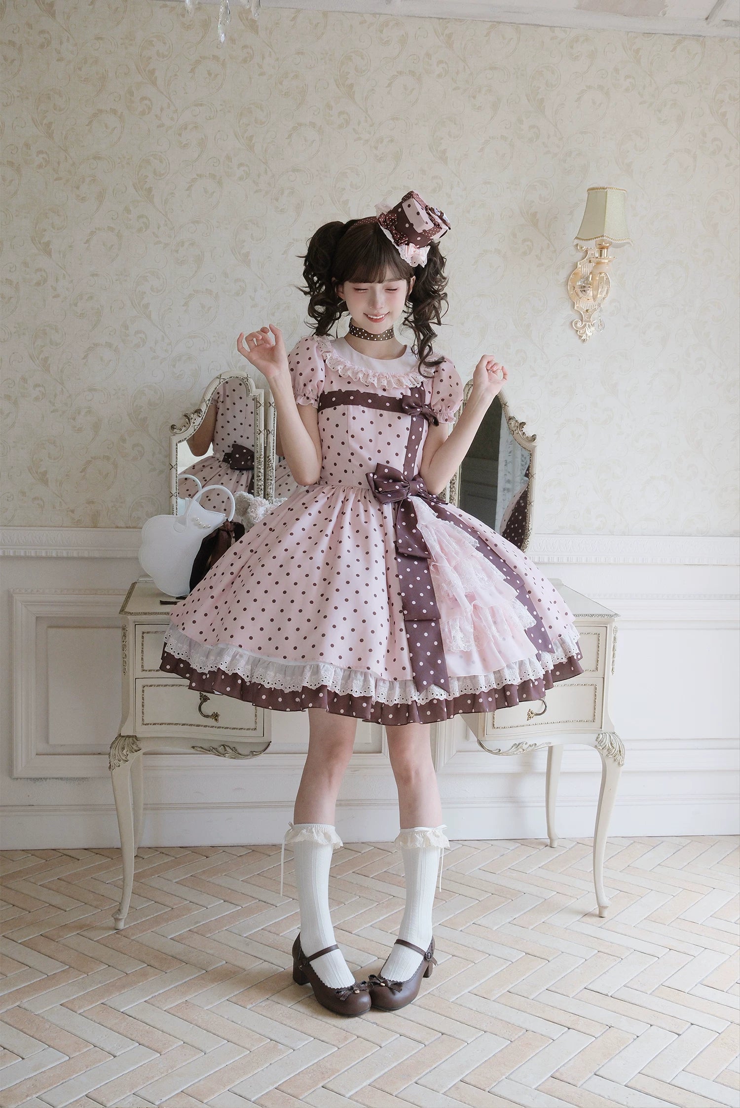 Coralie Box - Old School Lolita Polka Dot OP Dress, Cotton Round Collar 45520:851995