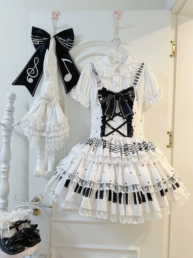 Old School Lolita Cake Saopette Dress, Piano and Music Motes White + Front-chest Bow + Trailing S