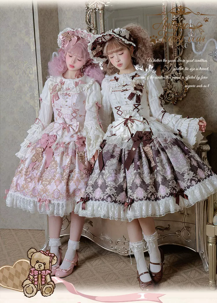 Antique Teddy Bear - Classic Lolita Printed JSK Dress with Ribbon Bows 45538:853229