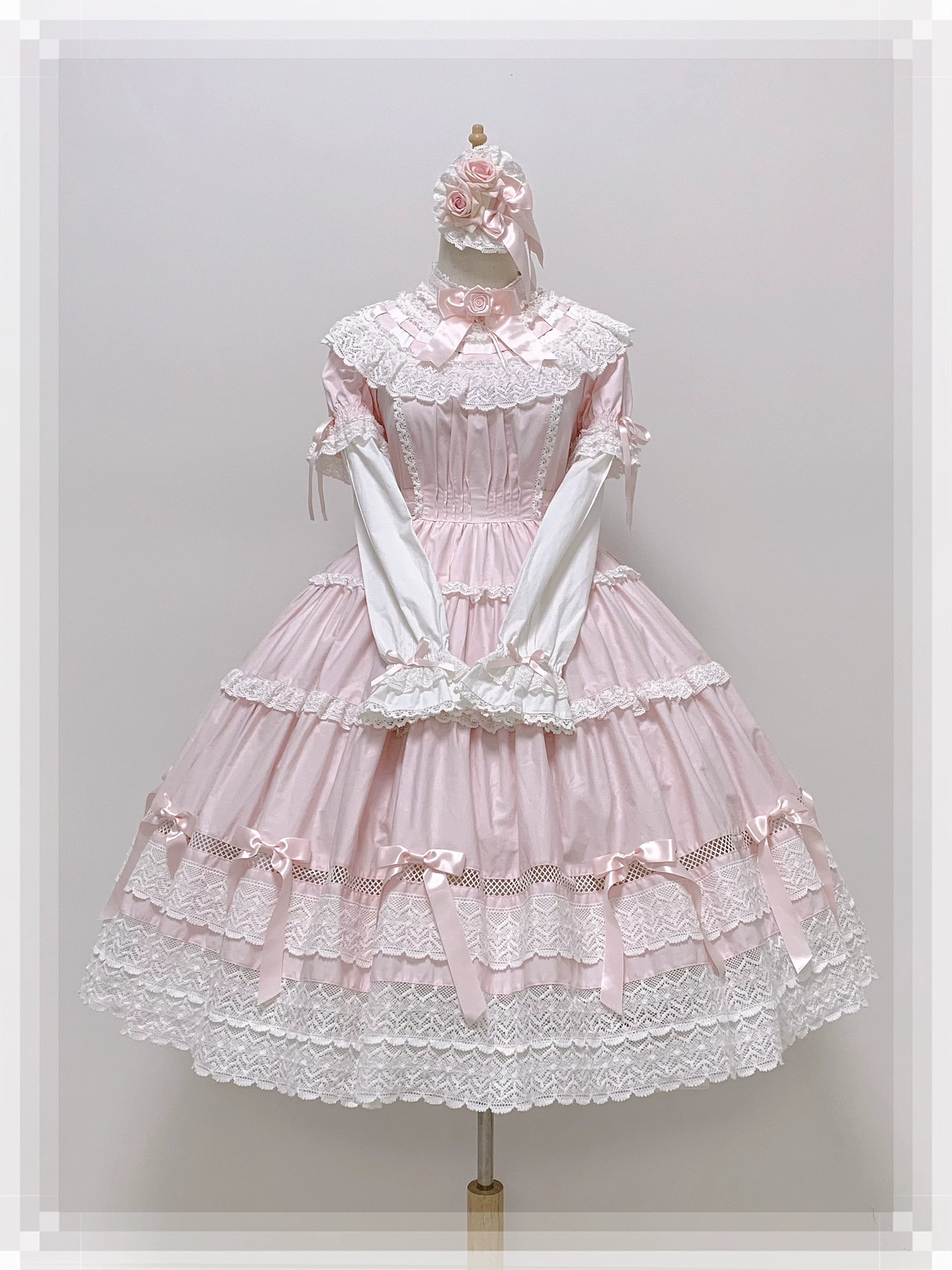 Edelburg Rose - Old School Lolita Cotton OP Dress Set, Detachable Sleeves (L M S XL) 45685:859068
