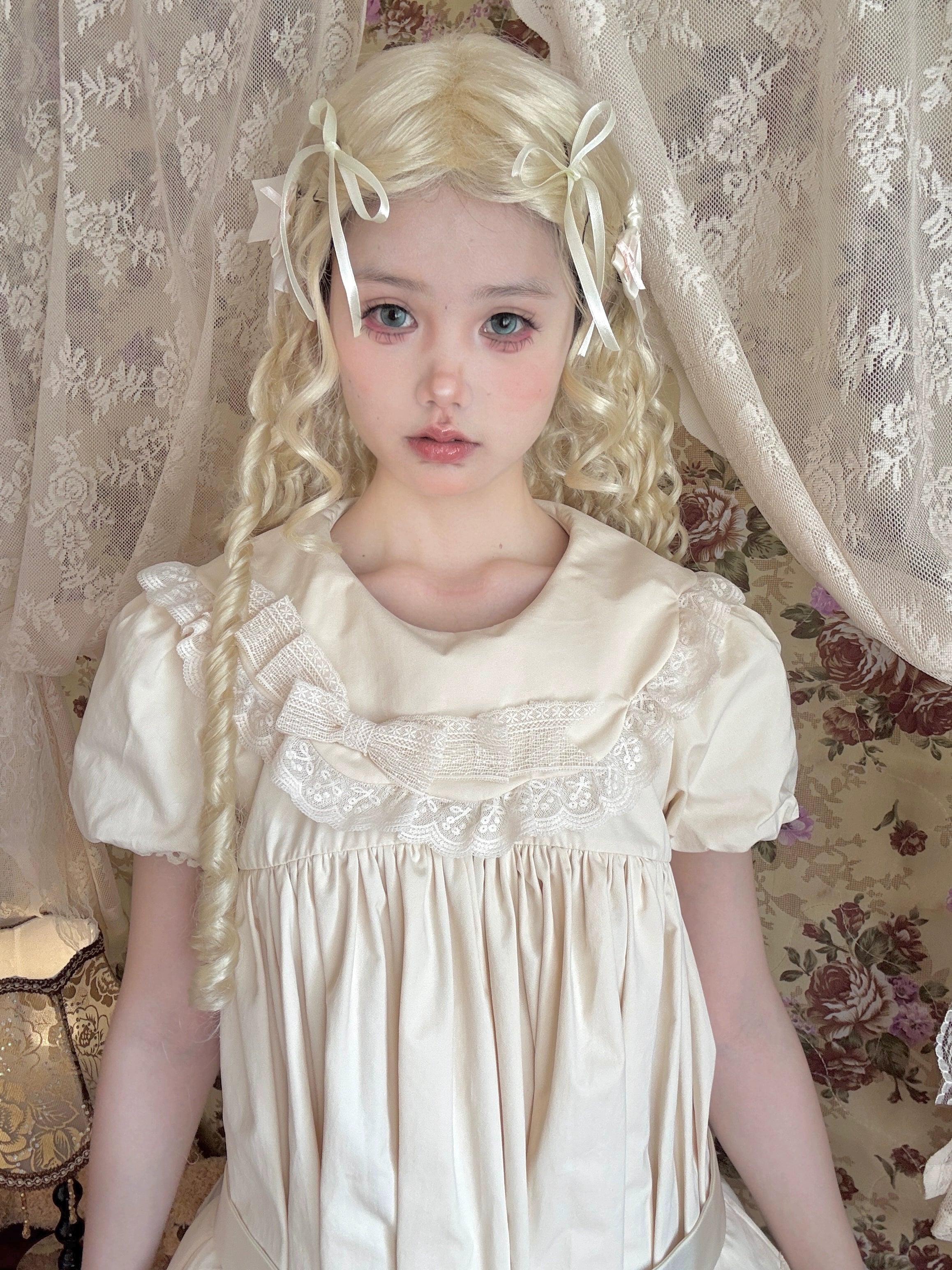 Fresh Tea Lolita - Meringue Frosting - Cotton Kawaii Lolita OP Dress with Satin Bow