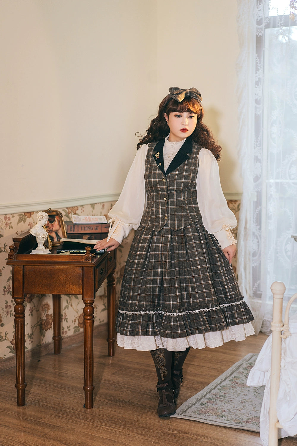 (BFM)Miss Point~Rose~Elegant Lolita Fishbone Grid Skirt Customized XS dark brown grid 