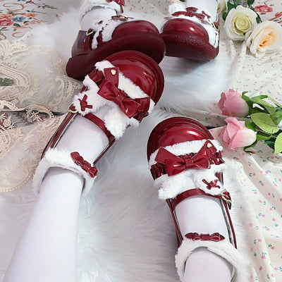 Fairy Godmother~Winter Girly Lolita Shoes Lolita Ankle Strap Shoes 34 Wine Red-Winter Style (Fur Lining) 