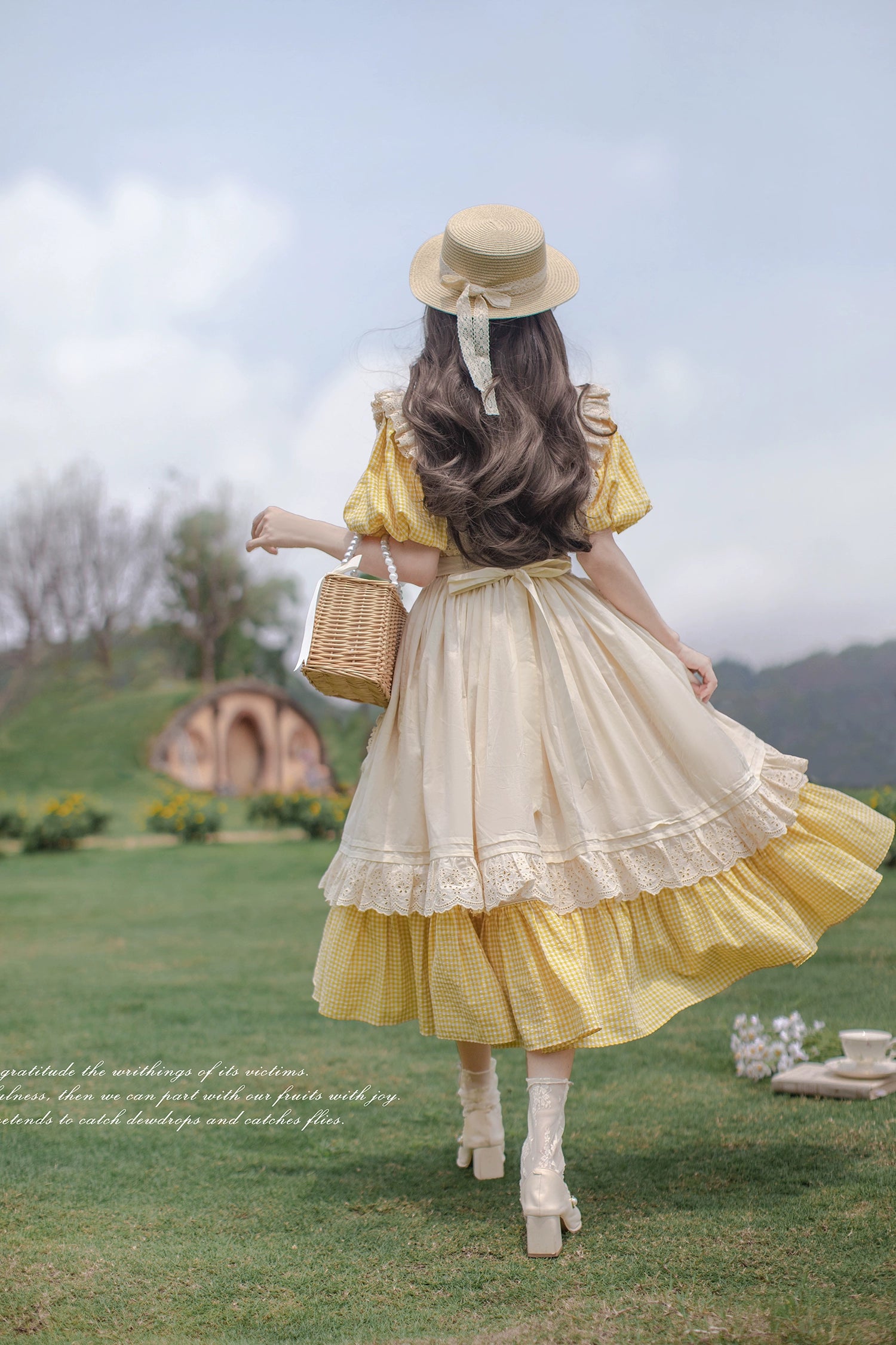 HuTaoMuJK - Belle - Yellow Lolita OP Dress Set Apron Dress Plaid Print