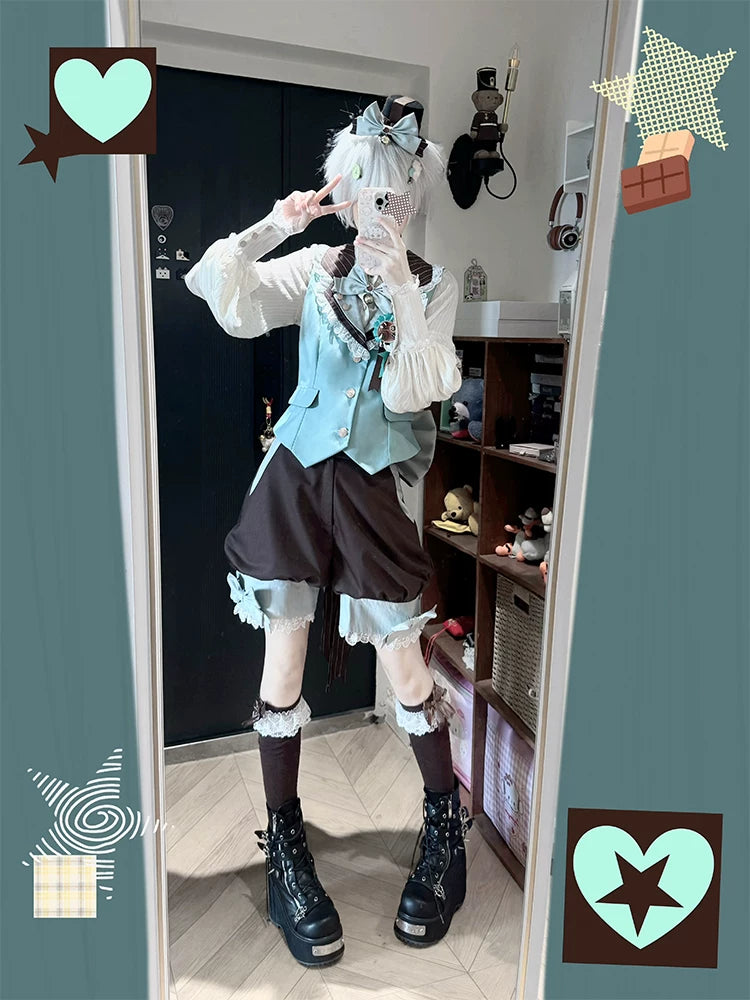 Candy Shop - Mint-chocolate Ouji Lolita Vest, Blouse and Shorts Outfit 45771:861869