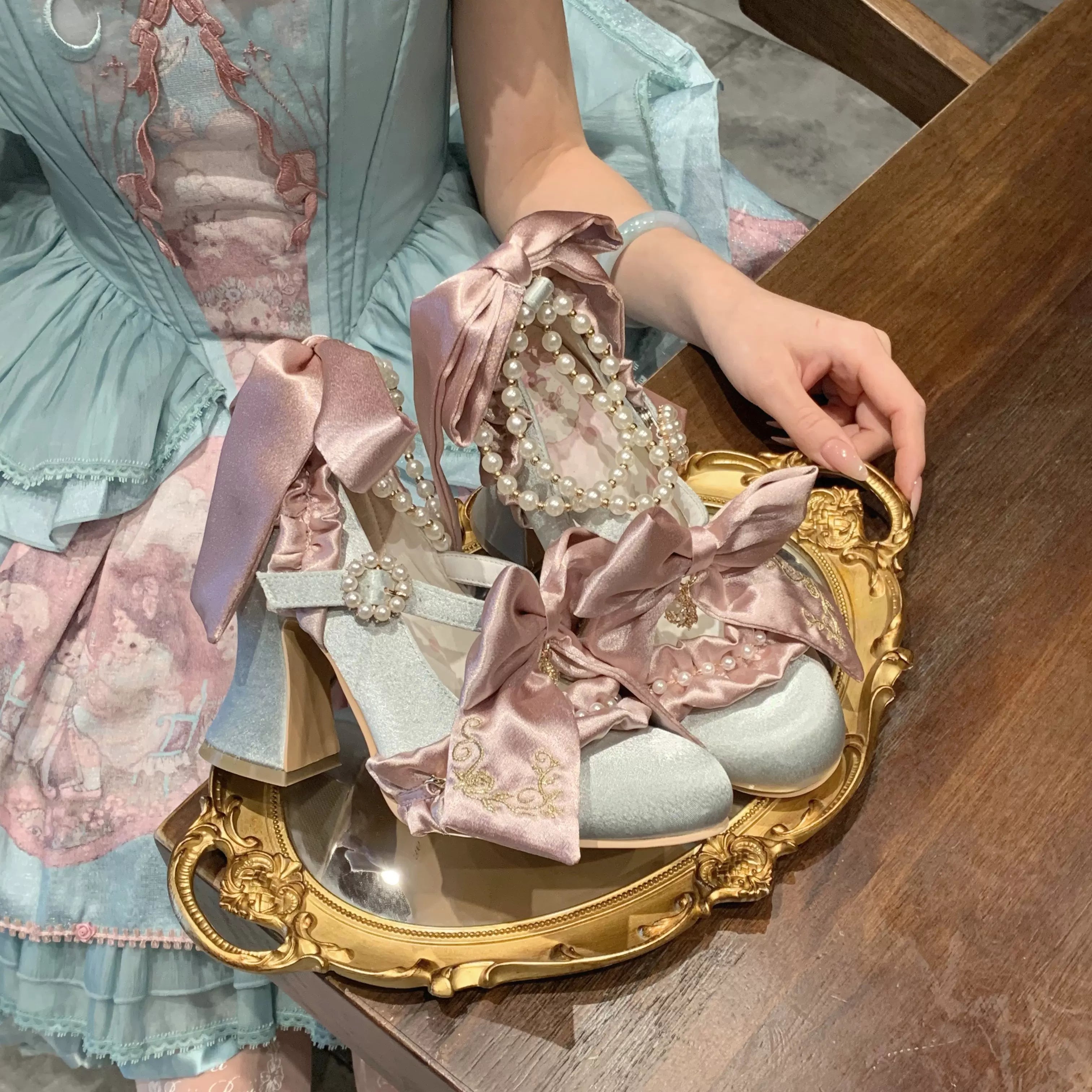 Ribbon Anthem - Gorgeous Classic Lolita Heels, Detachable Bow & Pearl 44639:815871