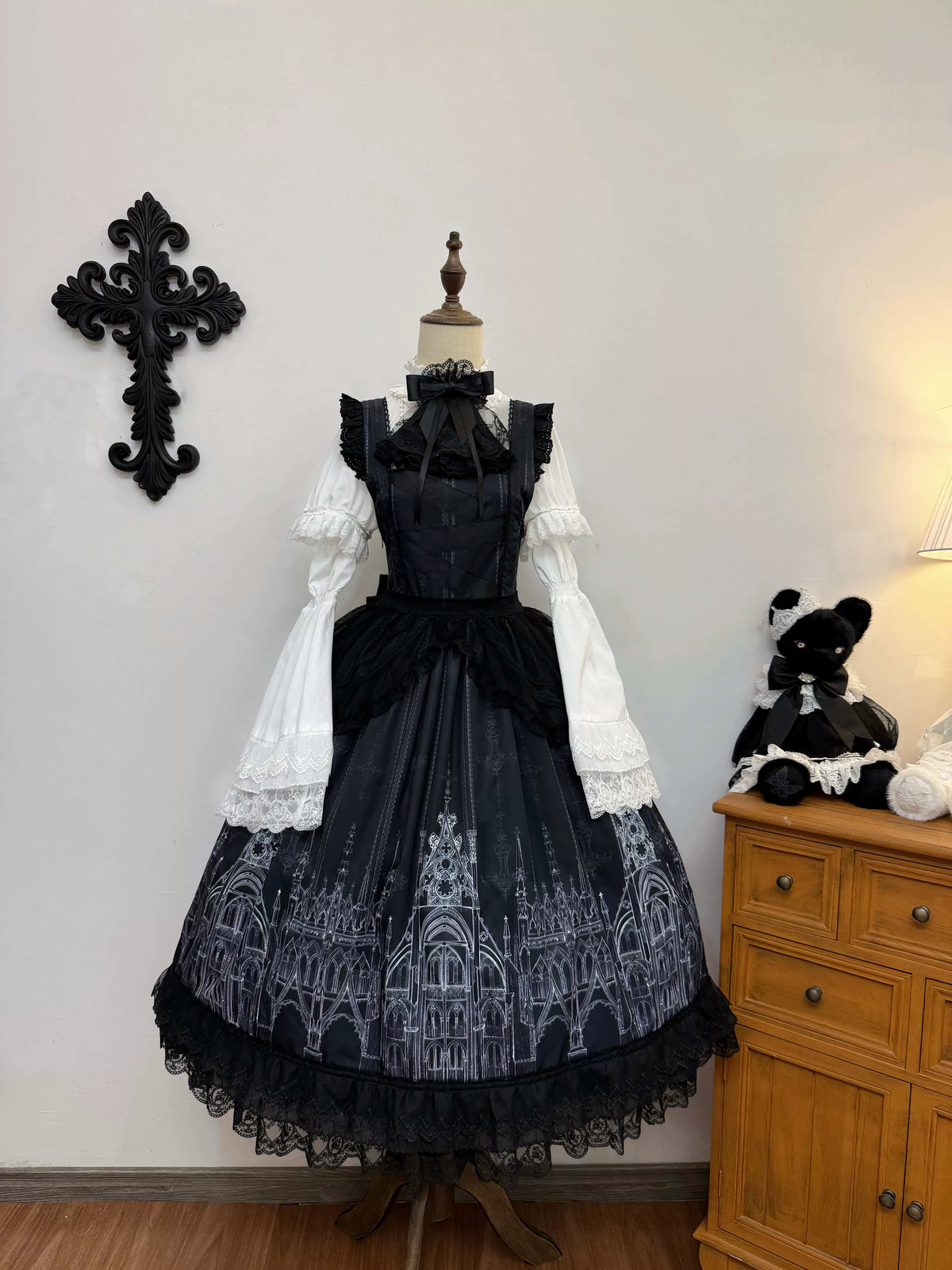 Silent Spire - Gothic Lolita Cathedral Print JSK & OP Dress Set, Side Pockets 45921:868199