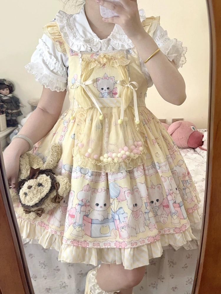 Suiyi - Meow Pompom - Sweet Lolita Salopette Dress Suit, Cat Print Light Yellow Salopette + Apron S