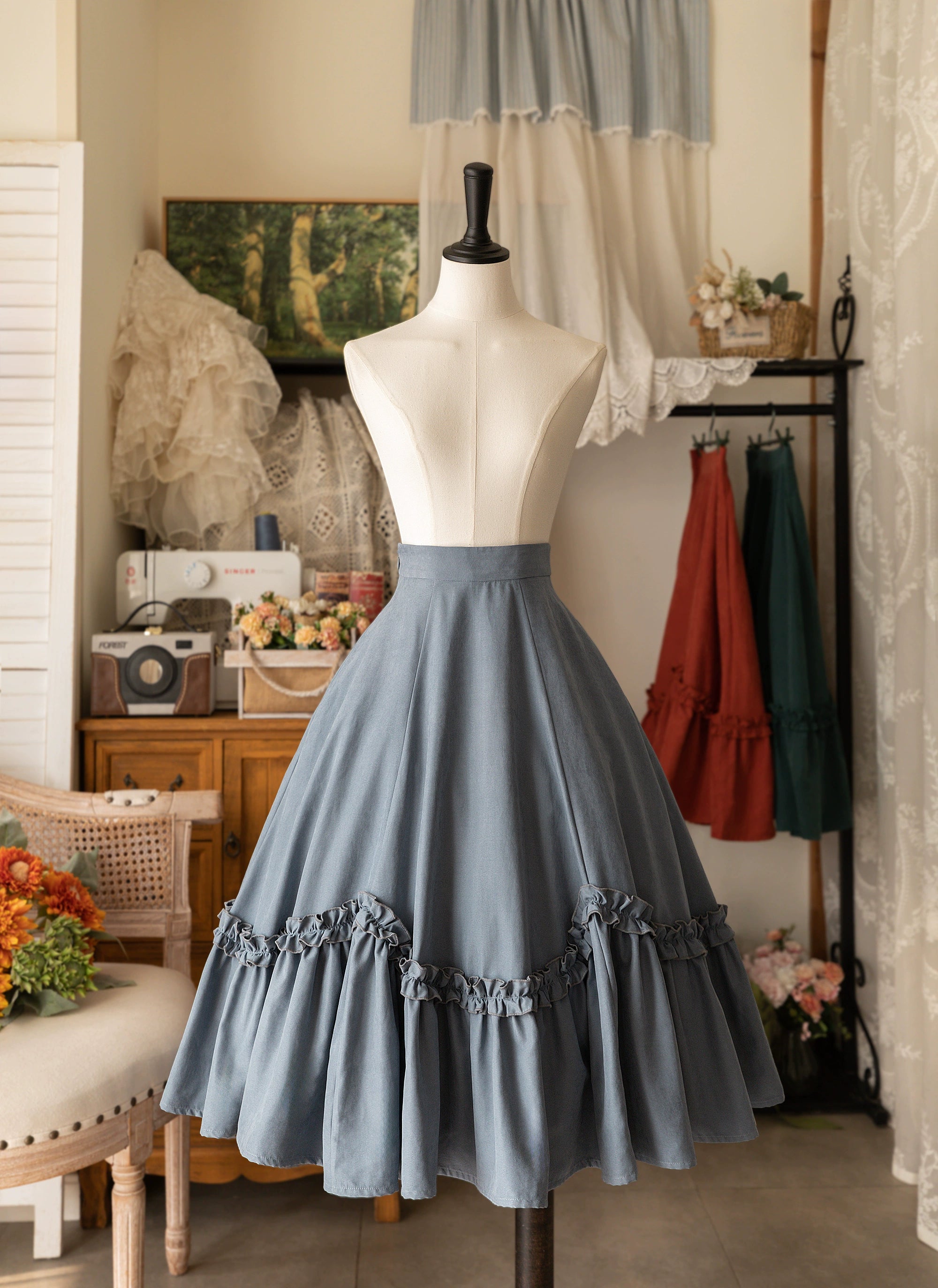 Forest Wardrobe - Forest Basket - Elegant Lolita Skirt Retro Classic Petal Swing Skirt S Ivy green In stock
