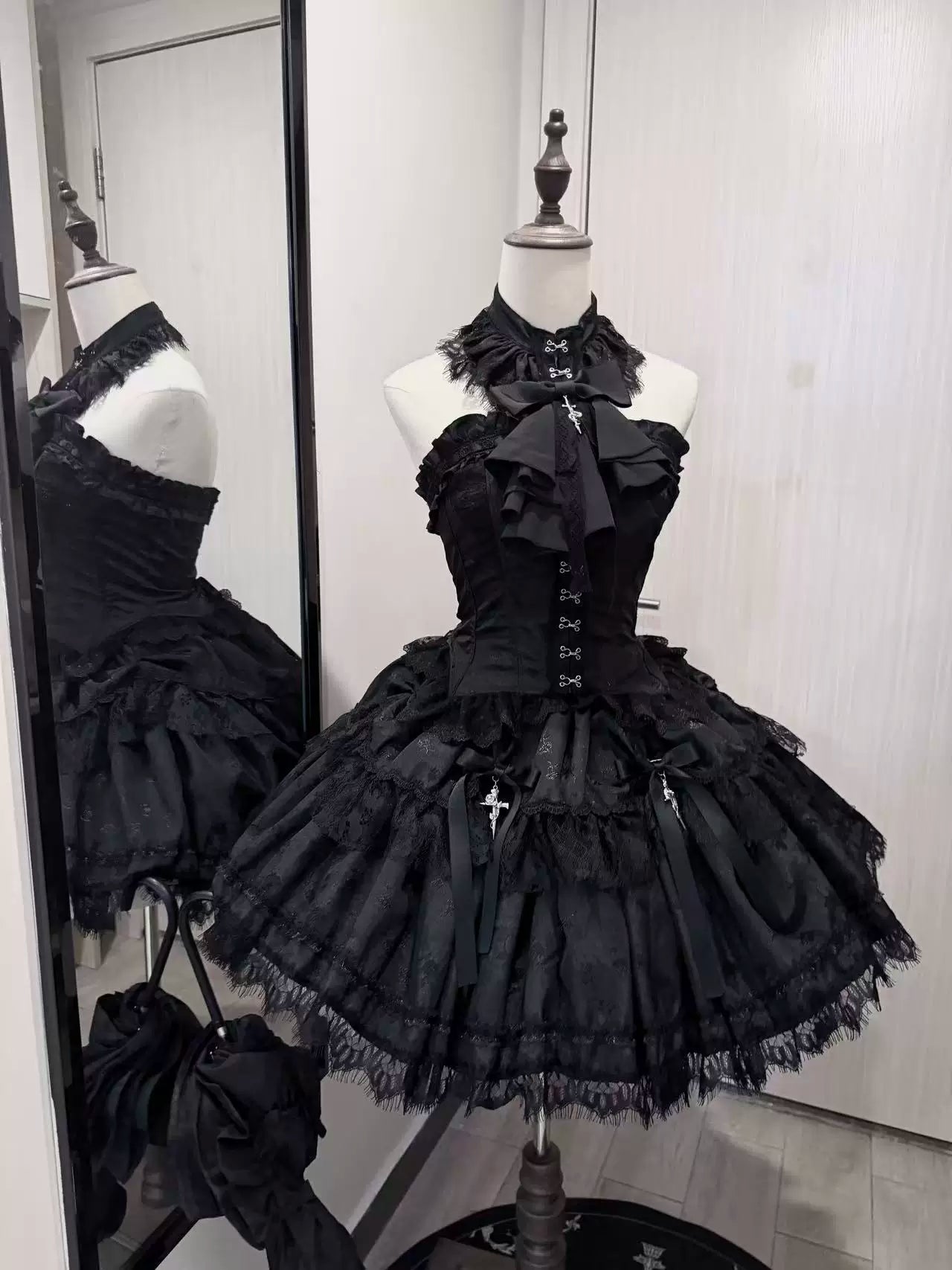 Silvermoon Thorn - Gothic Lolita Fishbone Corset & Skirt Set, Cross Details Corset + Skirt + Jabot S