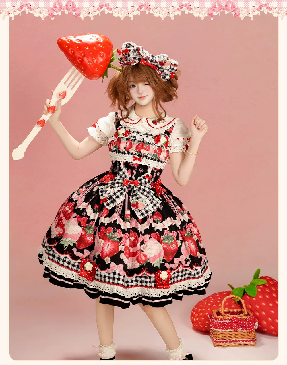 Strawberry Festival - Cotton Sweet Lolita JSK Dress with Strawberry and Cream Print 45735:860373