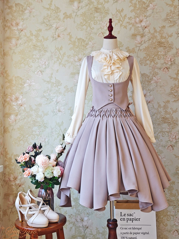 Sentaro~Pleated Irregular Knit Floral Slim Fit Vest and Half Skirt Set Vest S Light grey
