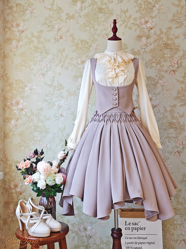 Sentaro - Pleated Irregular Knit Floral Slim Fit Vest and Half Skirt Set Vest S Grey-purple