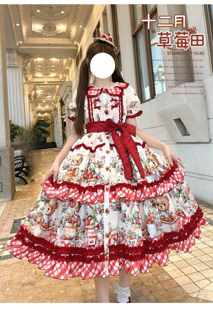 Spireme Cat~December Strawberry Field~Sweet Lolita OP Dress Strawberry Printed Dress