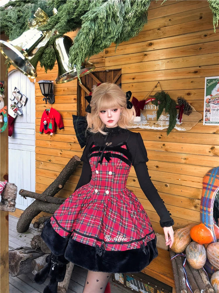 To Alice~Black Cat and Miss~Christmas Sweet Lolita Plaid Dress with Hooded Cape 41288:708066