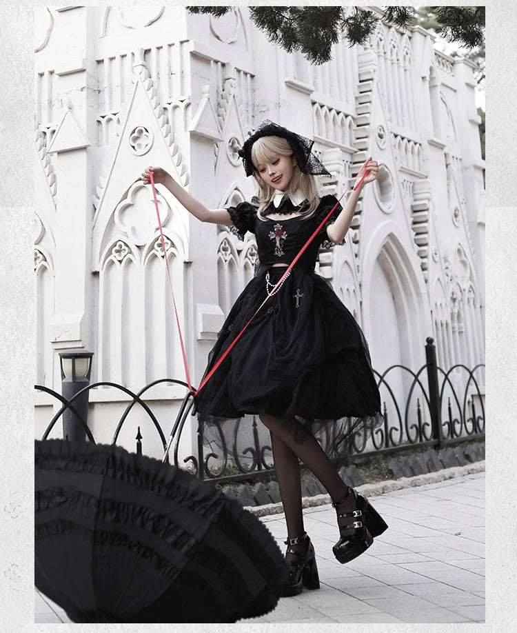 With PUJI~Evil Flower~Gothic Lolita Skirt Set Rose Embroidered Hollow Out Blouse   