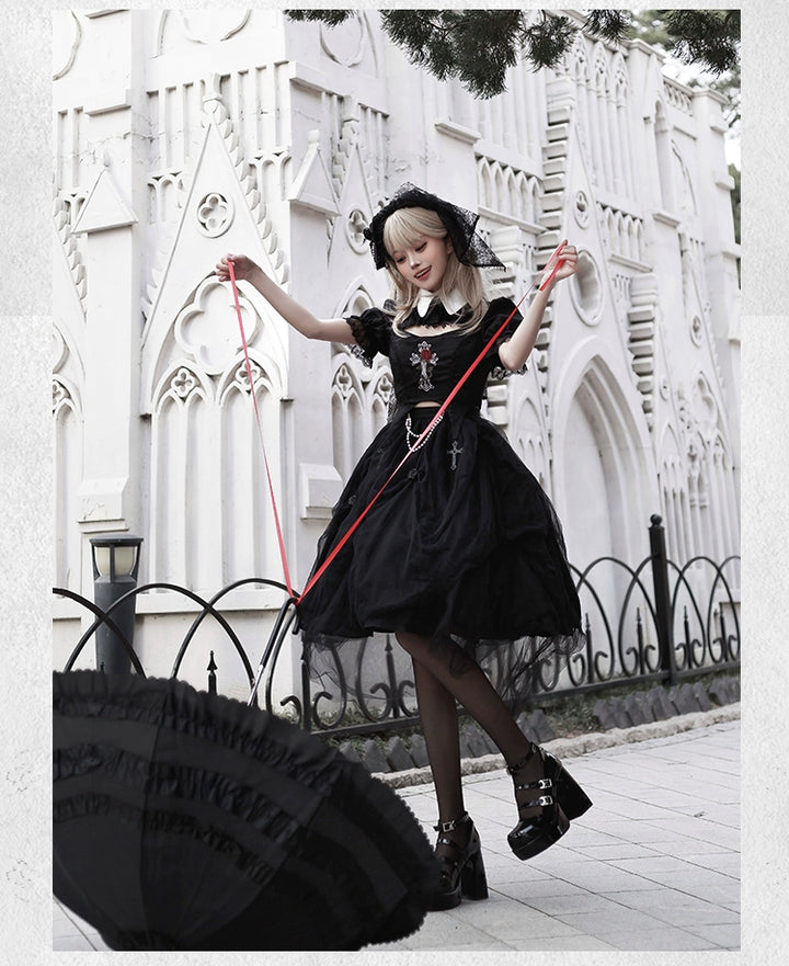 With PUJI~Evil Flower~Gothic Lolita Skirt Set Rose Embroidered Hollow Out Blouse 39596:631114