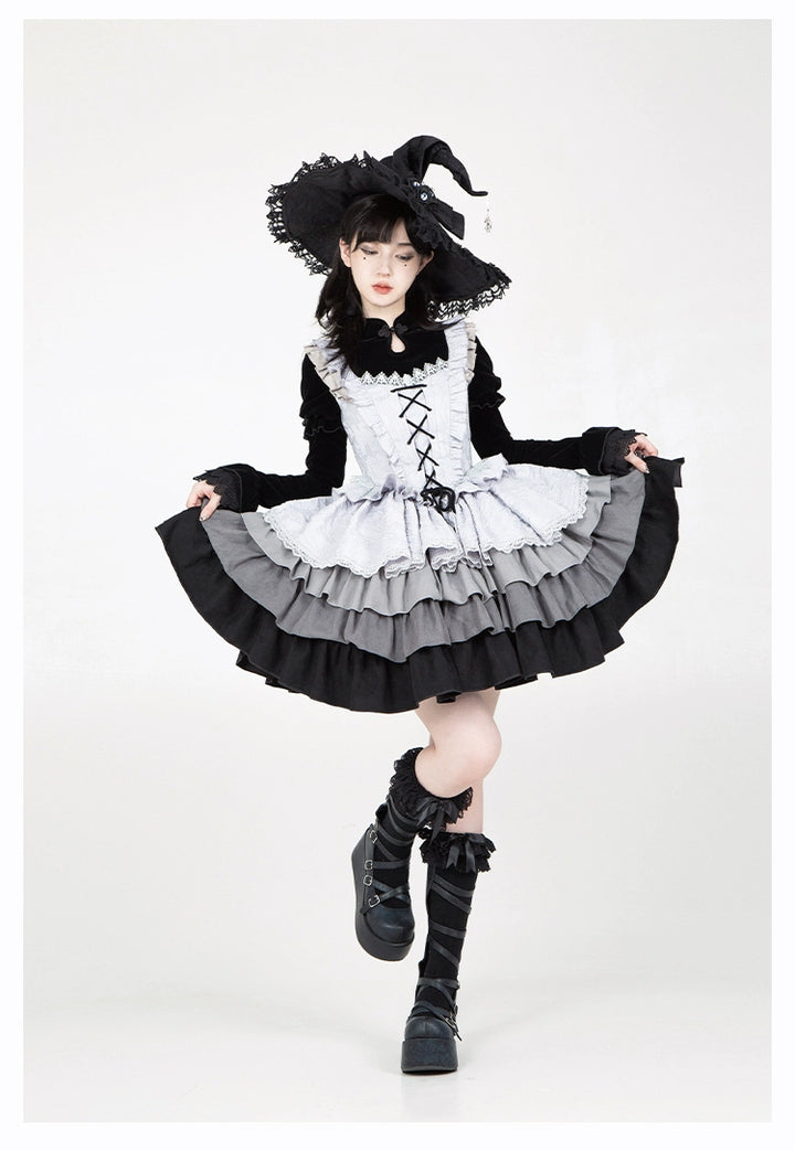 With Puji~Innocent Talk~Halloween Chinese Style Lolita OP Black-silver Gray Dress   